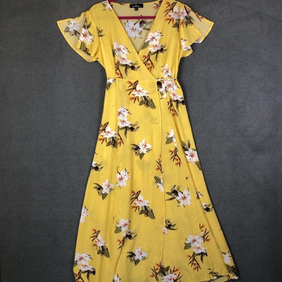 Lulus Heart Of Marigold Yellow Tropical Print Wrap Maxi Dress V Neck Costal - Picture 2 of 10